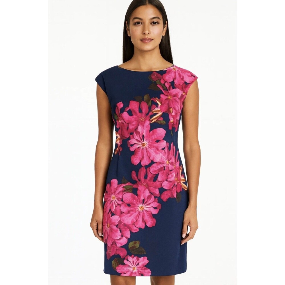 WISP Petites Blue Floral Knee Length Shift Dress Sleeveless Size 14P